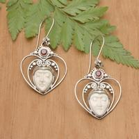 Garnet dangle earrings, 'Within my Heart' - Garnet Sterling Silver Heart and Moon-Themed Dangle Earrings