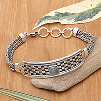 Rainbow moonstone pendant bracelet, 'Balinese Mat' - Geometric-Themed Rainbow Moonstone Silver Pendant Bracelet