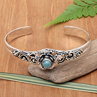 Larimar cuff bracelet, 'Flower of Eternity' - Larimar Sterling Silver Floral-Themed Cuff Bracelet
