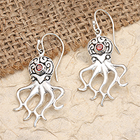 Garnet dangle earrings, 'Ocean Octopus in Red' - Sterling Silver Octopus Dangle Earrings with Garnet Stones