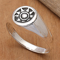 Men's sterling silver signet ring, 'Afternoon Sunrise' - Men's Sun and Moon-Themed Sterling Silver Signet Ring