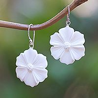 Hand-carved dangle earrings, 'Snowy Clematis' - Hand-Carved Purple Clematis Bloom-Shaped Dangle Earrings