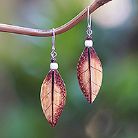 Amethyst dangle earrings, 'Forest Wisdom' - Leaf-Shaped Dangle Earrings with Amethyst Cabochons
