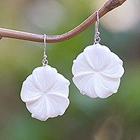 Hand-carved dangle earrings, 'Snowy Plumeria' - Hand-Carved Plumeria Bloom-Shaped Dangle Earrings