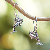 Sterling silver dangle earrings, 'Whale Love' - Whale-Shaped Sterling Silver Dangle Earrings from Bali