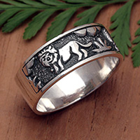 Sterling silver band ring, 'Lion Legend' - Lion-Themed Polished Sterling Silver Band Ring