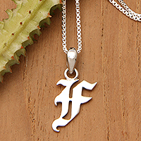 Sterling silver pendant necklace, 'Alphabet F' - Polished Sterling Silver Letter F Pendant Necklace from Bali