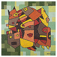 'Mask of Human' - Geometric Acrylic on Canvas Painting in Brown and Green Hues