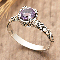 Amethyst single stone ring, 'Primaveral Purple' - Traditional Polished and Oxidized Amethyst Single Stone Ring
