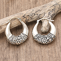 Sterling silver hoop earrings, 'Floral Bridge' - Polished and Oxidized Sterling Silver Floral Hoop Earrings