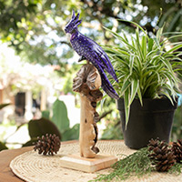 Wood sculpture, 'Purple Parrot' - Hand-Painted Jempinis and Benalu Wood Parrot Sculpture