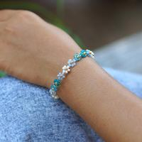 Gold-accented crystal beaded bracelet, 'Moonlight Petals' - Blue and Turquoise Crystal Beaded Bracelet with Gold Accents