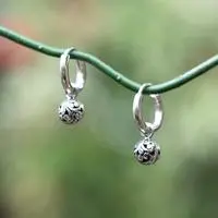 Sterling silver hoop earrings, 'Swirling Garden' - Sterling Silver Hoop Earrings with Balinese Swirl Ball Motif