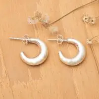 Sterling silver half-hoop earrings, 'Mini Crescent' - Crescent Moon-Inspired Sterling Silver Half-Hoop Earrings