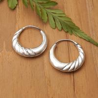 Sterling silver hoop earrings, 'Textured Allure' - Polished Sterling Silver Hoop Earrings with Textured Accents