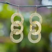 Gold-plated dangle earrings, 'Triple Success' - Textured 18k Gold-Plated Brass Dangle Earrings Made in Bali