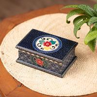Batik wood jewelry box, 'Nocturnal Hibiscus' - Javanese-Themed Floral Batik Wood Jewelry Box in Blue Hues