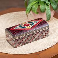 Batik wood jewelry box, 'Flaming Garden' - Artisan-Made Folk Art-Themed Red Batik Wood Jewelry Box