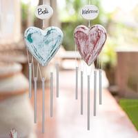 Wood wind chimes, 'Heartfelt Melodies' (pair) - 2 Shabby Chic Hand-Carved and Painted Wood Heart Wind Chimes