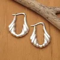 Sterling silver hoop earrings, 'Divided Waves' - Wavy High-Polished Sterling Silver Hoop Earrings from Bali