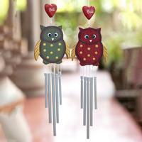 Wood wind chimes, 'Curious Owls' (pair) - Pair of Owl-Shaped Hand-Carved and Painted Wood Wind Chimes