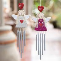 Wood and natural fiber wind chimes, 'Twinning Hearts' (pair) - 2 Angel and Heart-Themed Wood and Natural Fiber Wind Chimes