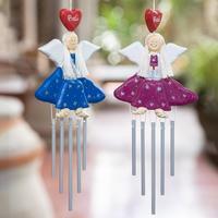 Wood and natural fiber wind chimes, 'Smiling Fairies' (pair) - 2 Blue Purple Wood and Natural Fiber Fairy Wind Chimes