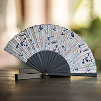 Silk batik fan, 'Nocturnal Garden' - Batik Floral and Leaf-Themed Silk Fan with Pinewood Handle