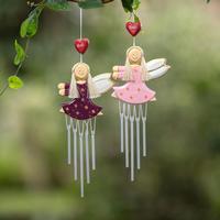 Wood and natural fiber wind chimes, 'Petite Stars' (pair) - Pair of Fairy-Shaped Wood and Natural Fiber Wind Chimes