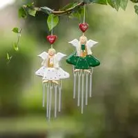 Wood and natural fiber wind chimes, 'Grinning Fairies' (pair) - White and Green Wood Natural Fiber Fairy Wind Chimes (Pair)