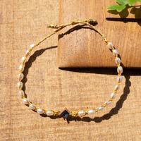 Gold-accented cultured pearl pendant bracelet, 'Be Graceful' - Golden-Thread Cultured Pearl Bracelet with Blue Pendant
