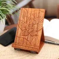 Wood tablet stand, 'Enchanting Lotus' - Lotus Flower-Themed Hand-Carved Foldable Wood Tablet Stand