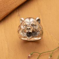 Men's sterling silver cocktail ring, 'Majestic Roar' - Roaring Bear-Themed Men's Sterling Silver Cocktail Ring