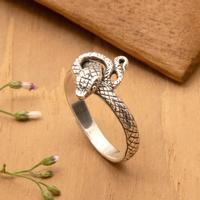 Sterling silver band ring, 'Dancing Serpent' - Bohemian Textured Silver Band Ring with Snake Motif