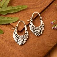 Sterling silver hoop earrings, 'Blooming Lotus' - Lotus Flower-Themed Textured Sterling Silver Hoop Earrings