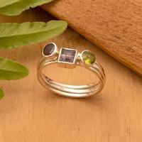 Multi-gemstone mid-finger stacking rings, 'Fabulous Trio' (set of 3) - 3 Multi-Gemstone Sterling Silver Mid-Finger Stacking Rings