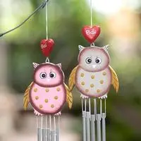 Wood and aluminum wind chimes, 'In Love Hoots' (set of 2) - Owl-Themed Painted 2-Piece Wood and Aluminum Wind Chime Set