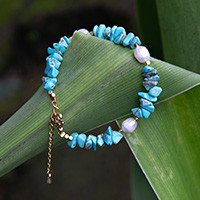Gold-accented cultured pearl and reconstituted turquoise beaded wristband bracelet, 'Deep Water' - Pearl Reconstituted Turquoise Bracelet with 18k Gold Plate