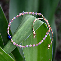 Gold-accented cultured pearl and rose quartz beaded macrame pendant bracelet, 'Sweet Beauty' - Blue Cultured Pearl Rose Quartz Gold Accent Pendant Bracelet