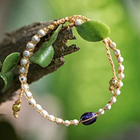 Gold-accented cultured pearl and howlite beaded macrame pendant bracelet, 'Marble Beauty' - Gold-Accented Cultured Pearl and Howlite Pendant Bracelet