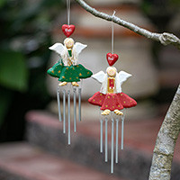 Wood and natural fiber wind chimes, 'Happy Fairies' - 2 Fairy and Christmas-Themed Wood Natural Fiber Wind Chimes