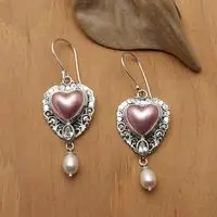 Multi-gemstone dangle earrings, 'Loyal and In Love' - Heart-Themed Cultured Pearls and Blue Topaz Dangle Earrings