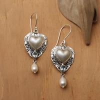 Cultured pearl and blue topaz dangle earrings, 'Loyal & In Love' - Romantic Heart Cultured Pearl and Blue Topaz Dangle Earrings