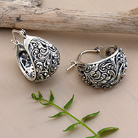Sterling silver hoop earrings, 'Blooming Season' - Leaf and Vine-Themed Textured Sterling Silver Hoop Earrings
