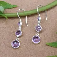 Amethyst dangle earrings, 'Triad of Wisdom' - Faceted 4-Carat Amethyst Sterling Silver Dangle Earrings
