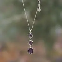 Amethyst pendant necklace, 'Triad of Wisdom' - Birthstone 11-Carat Faceted Round Amethyst Pendant Necklace