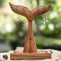 Wood jewelry stand, 'Whale Tail' - Whale Tail-Shaped Wood Jewelry Stand Carved by Hand in Bali