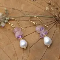 Gold-plated multi-gemstone beaded dangle earrings, 'Galaxy Margarita' - Gold-Plated Cultured Pearl Amethyst and Rose Quartz Earrings