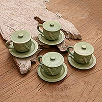 Ceramic cups and saucers, 'Dragonfly Myths' (set for 4) - Green Handmade Cups & Saucers (Set of 4)