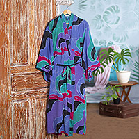 Women's batik robe, 'Turquoise Ocean' (long) - Women's Batik Patterned Robe